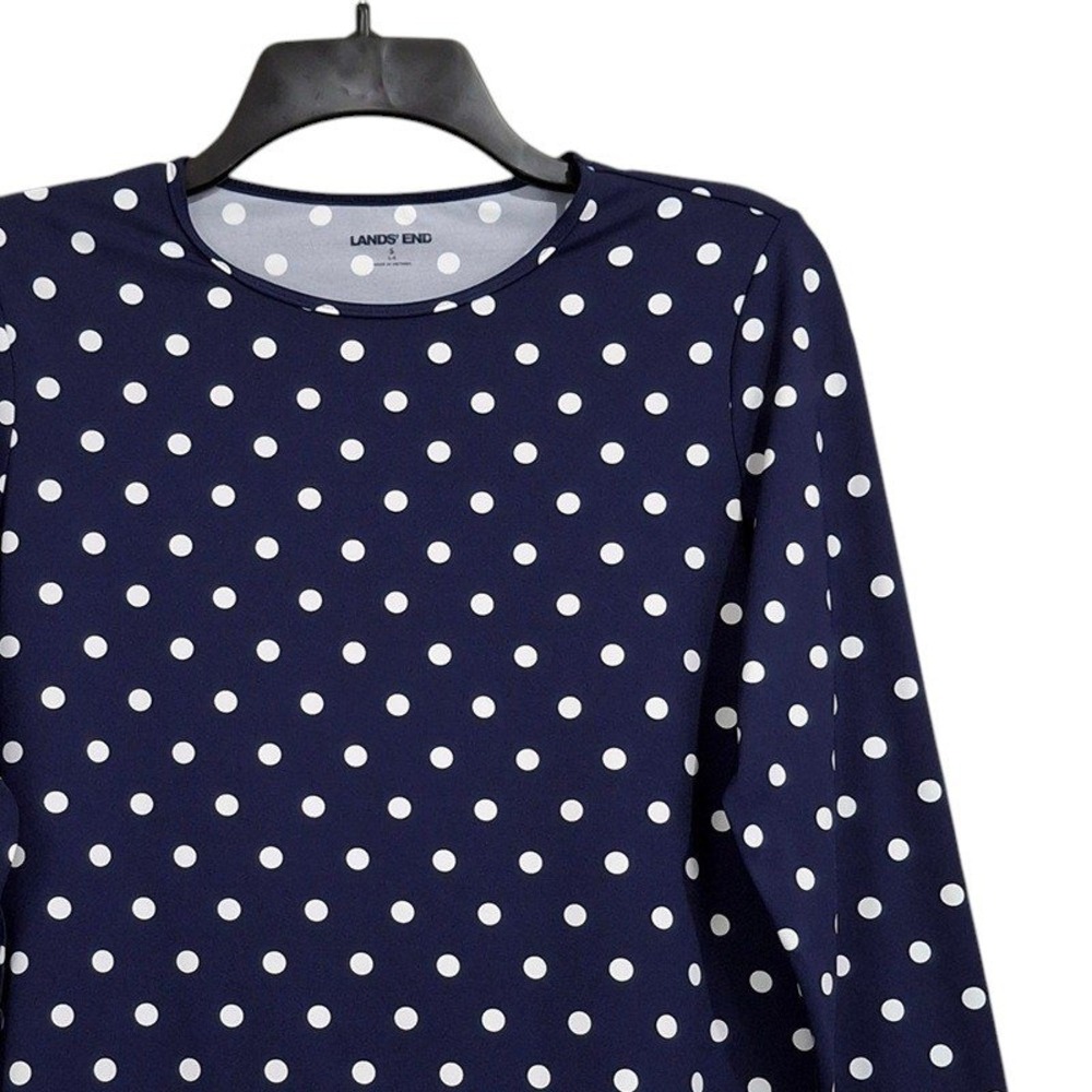 Lands End Top Small  Navy Blue Crew Neck Long Sleeve Polka Dot Stretchy Classic